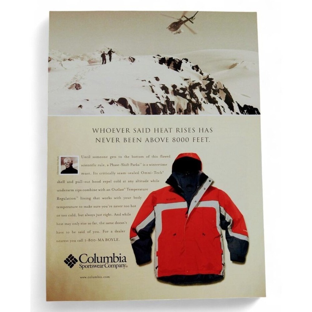 2001 Columbia Print Ad Jacket Mountain Y2K‎ Alpine Whoever Said Heat Rises